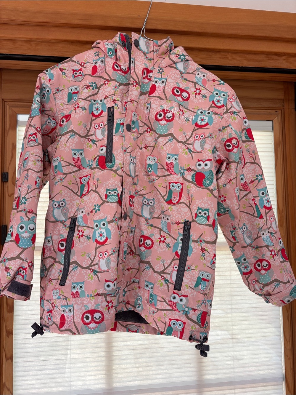 Girls' Pink Owl Print Waterproof Raincoat with Hood